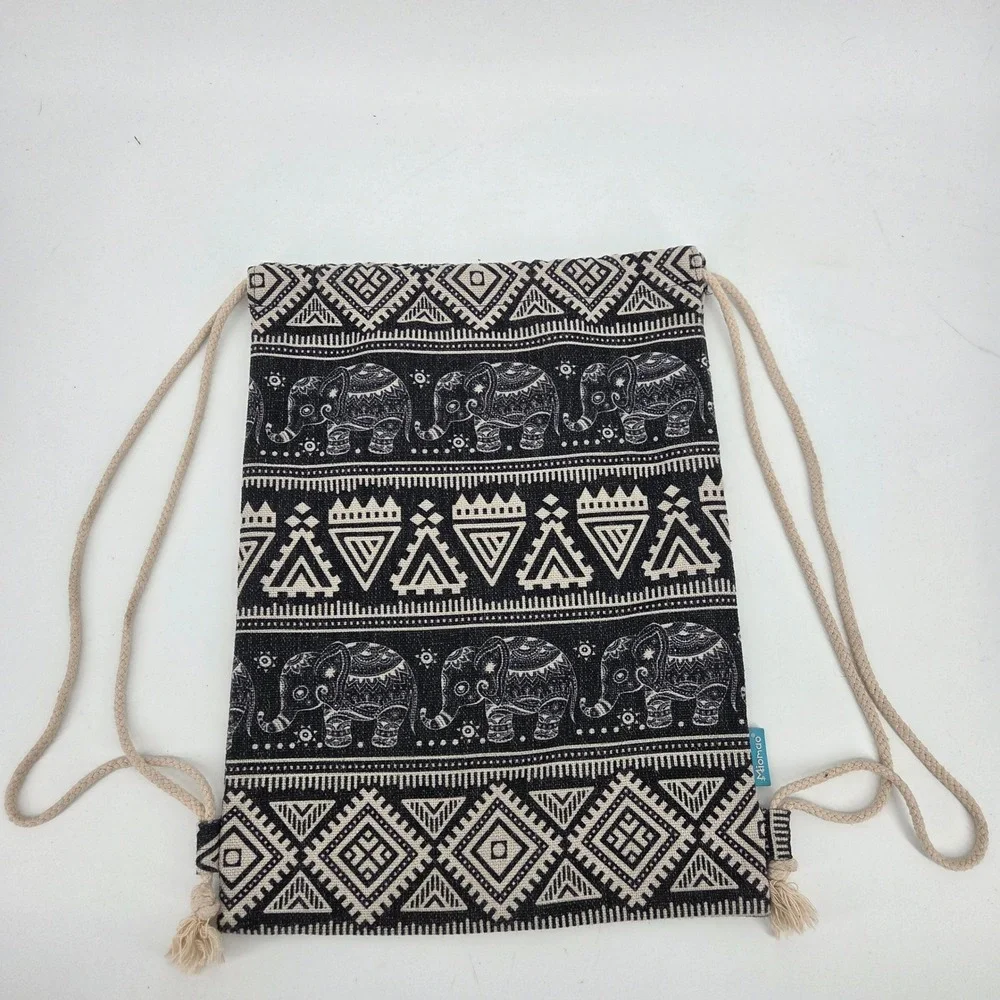 Miomao Black Cream Elephant Tribal Geometric Woven Drawstring Backpack Boho Bag